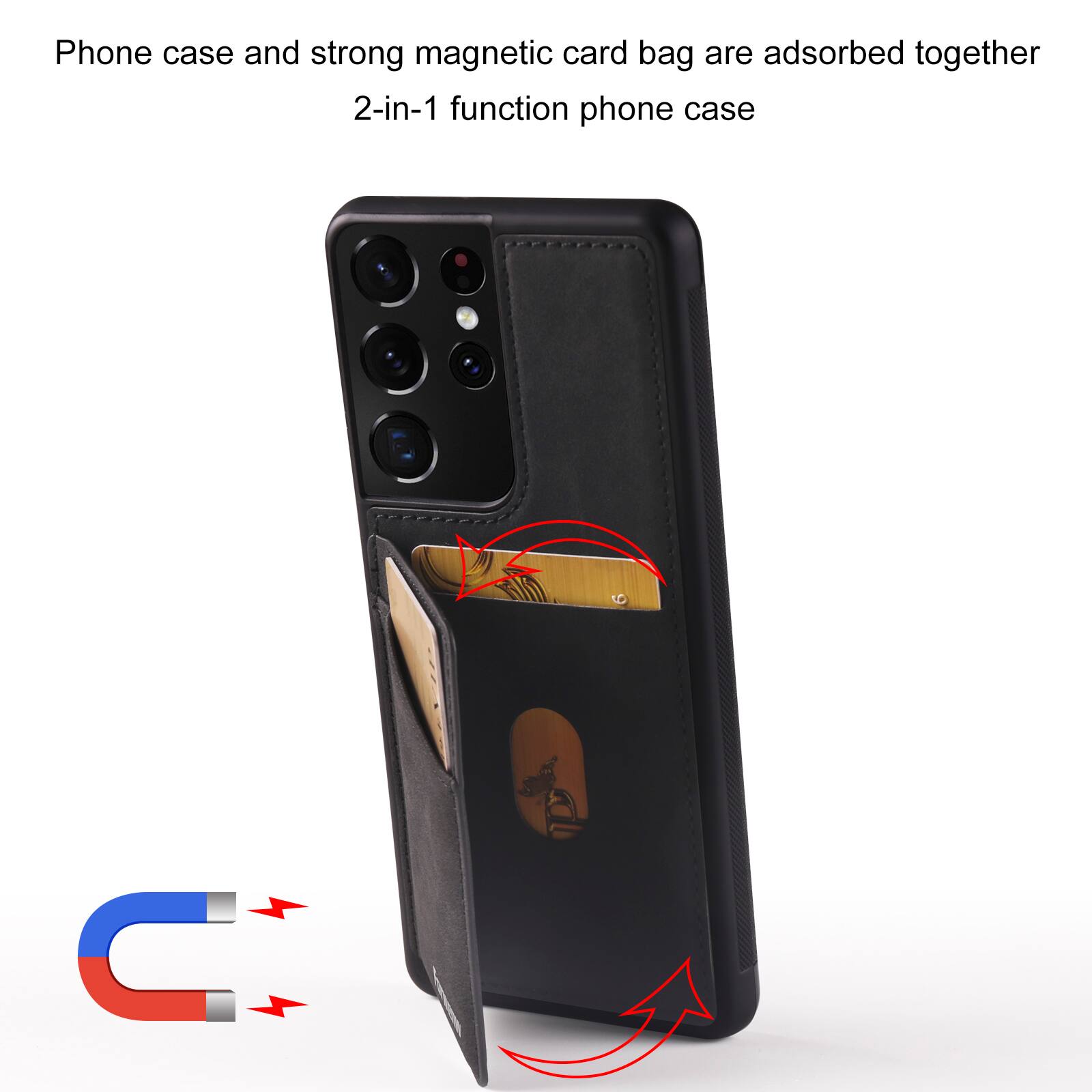Phone case and strong magnetic card bag are adsorbed together  
2-in-1 function phone case