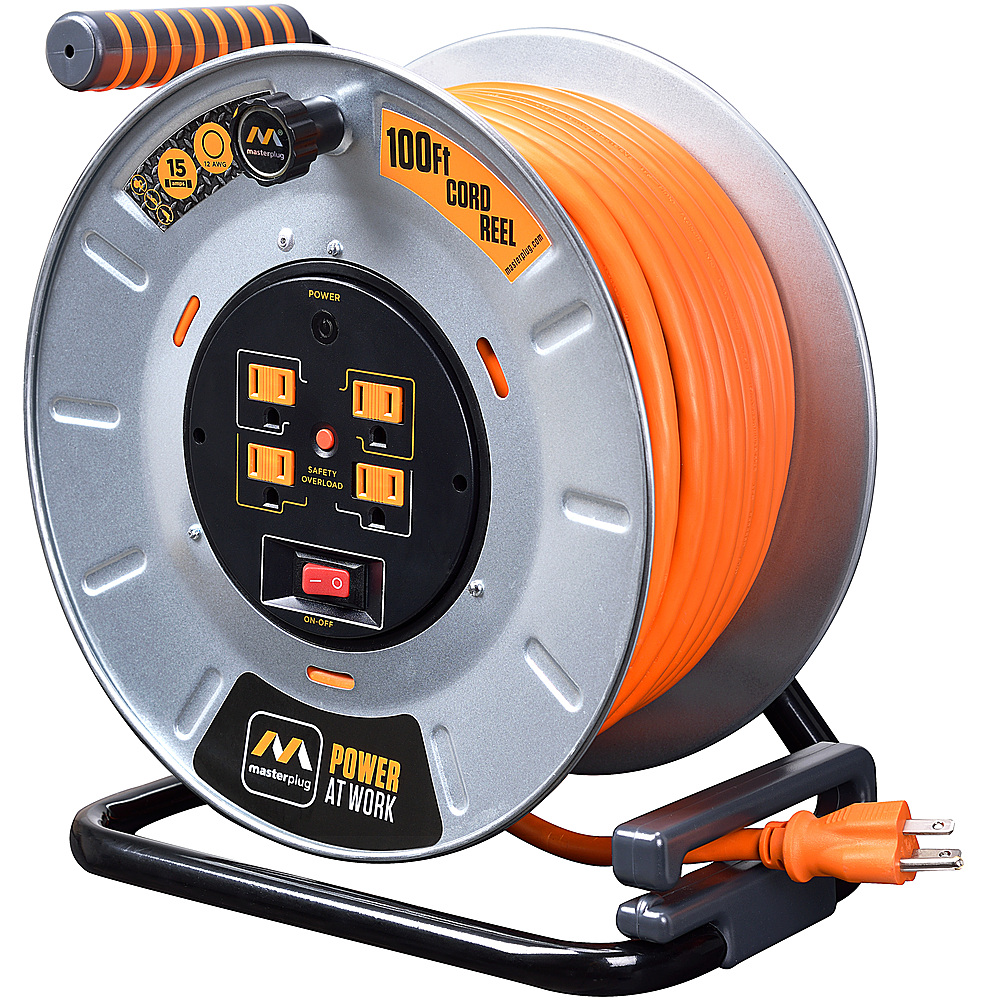 Masterplug 100Ft 4 Sockets 15A 12AWG Large Open Metal Reel Metal ...