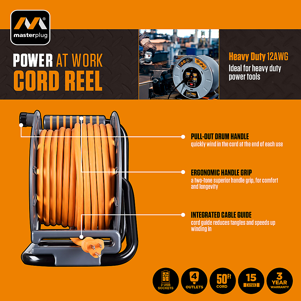 Masterplug 50Ft 4 Sockets 15A 12AWG Medium Open Metal Reel Metal & Orange  OTMP501512G4SL-US - Best Buy