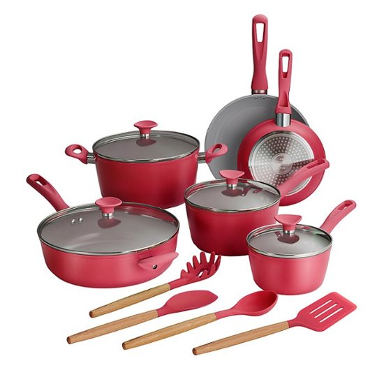 Winco FPT3-14, 14-Inch 3-Ply Fry Pan with Red Silicone Sleeve