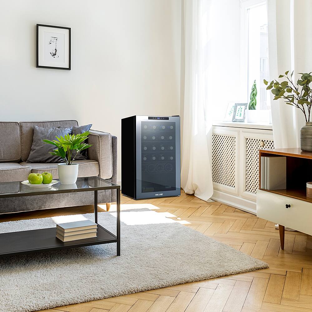 Angle. NewAir - 33-Bottle Dual Zone Wine Cooler with Mirrored Double-Layer Glass Door & Compressor Cooling, Digital Temperature Control - Black.