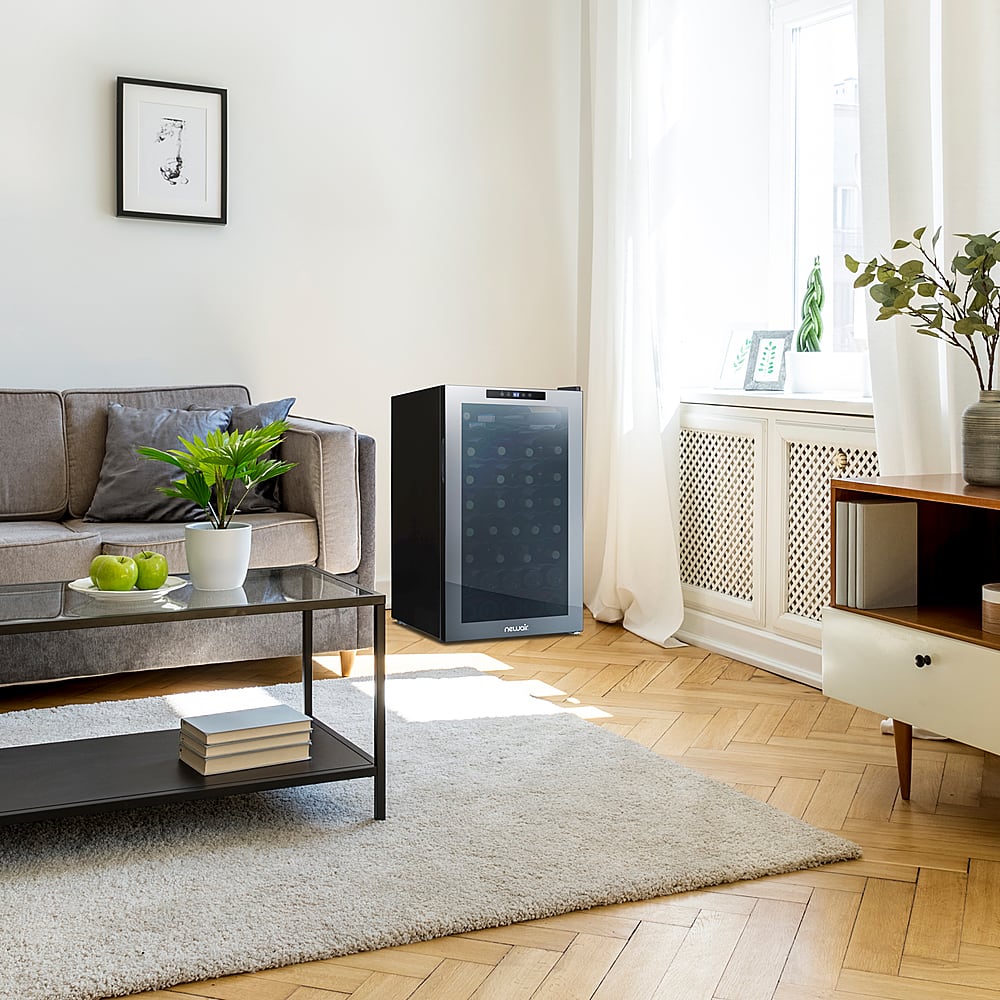 Angle. NewAir - 51-Bottle Wine Cooler with Mirrored Double-Layer Tempered Glass Door & Compressor Cooling, Digital Temperature Control - Black.