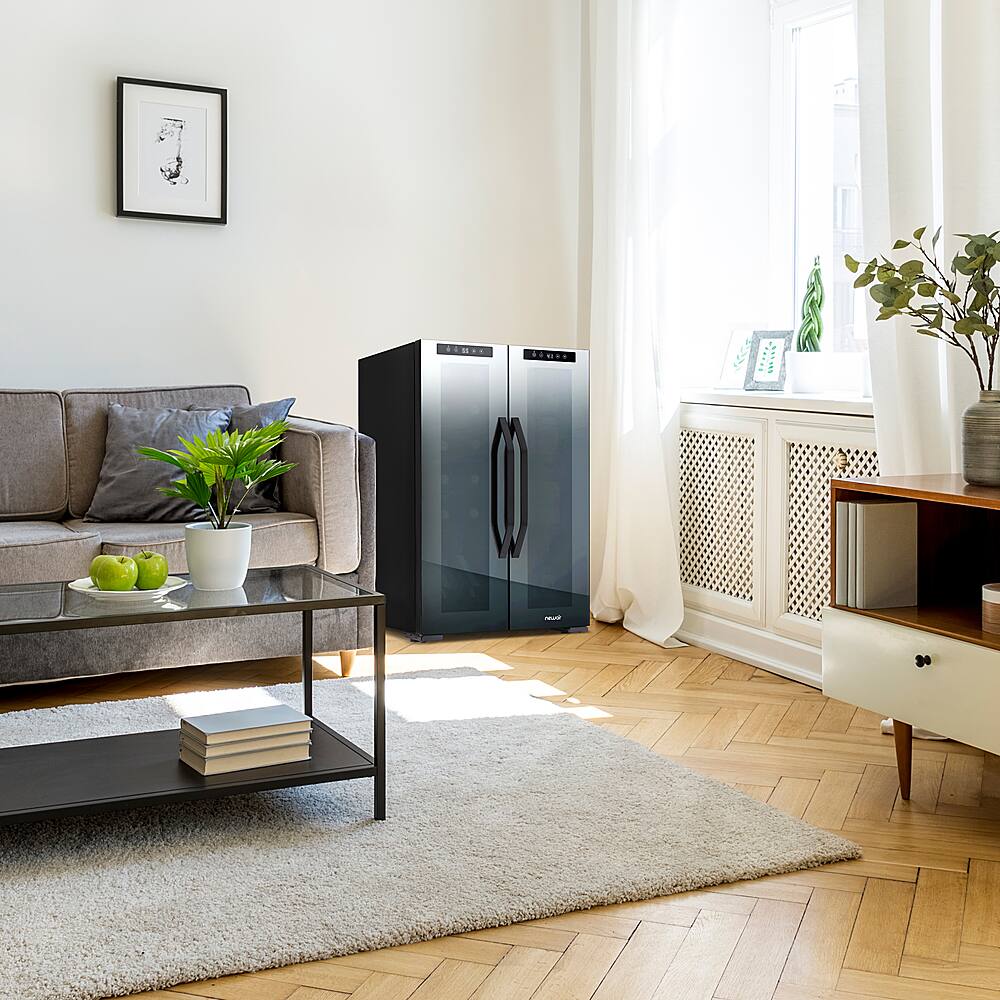 Angle. NewAir - 12-Bottle & 39-Can Dual Zone Wine Cooler with Mirrored Glass Door & Compressor Cooling, Digital Temperature Control - Black.