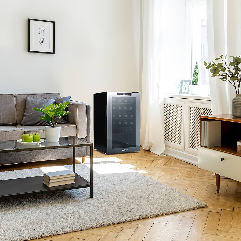 Angle. NewAir - 24-Bottle Wine Cooler with Mirrored Double-Layer Tempered Glass Door & Compressor Cooling, Digital Temperature Control - Black.