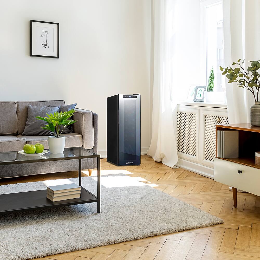 Angle. NewAir - 12-Bottle Wine Cooler with Mirrored Double-Layer Tempered Glass Door & Compressor Cooling, Digital Temperature Control - Black.