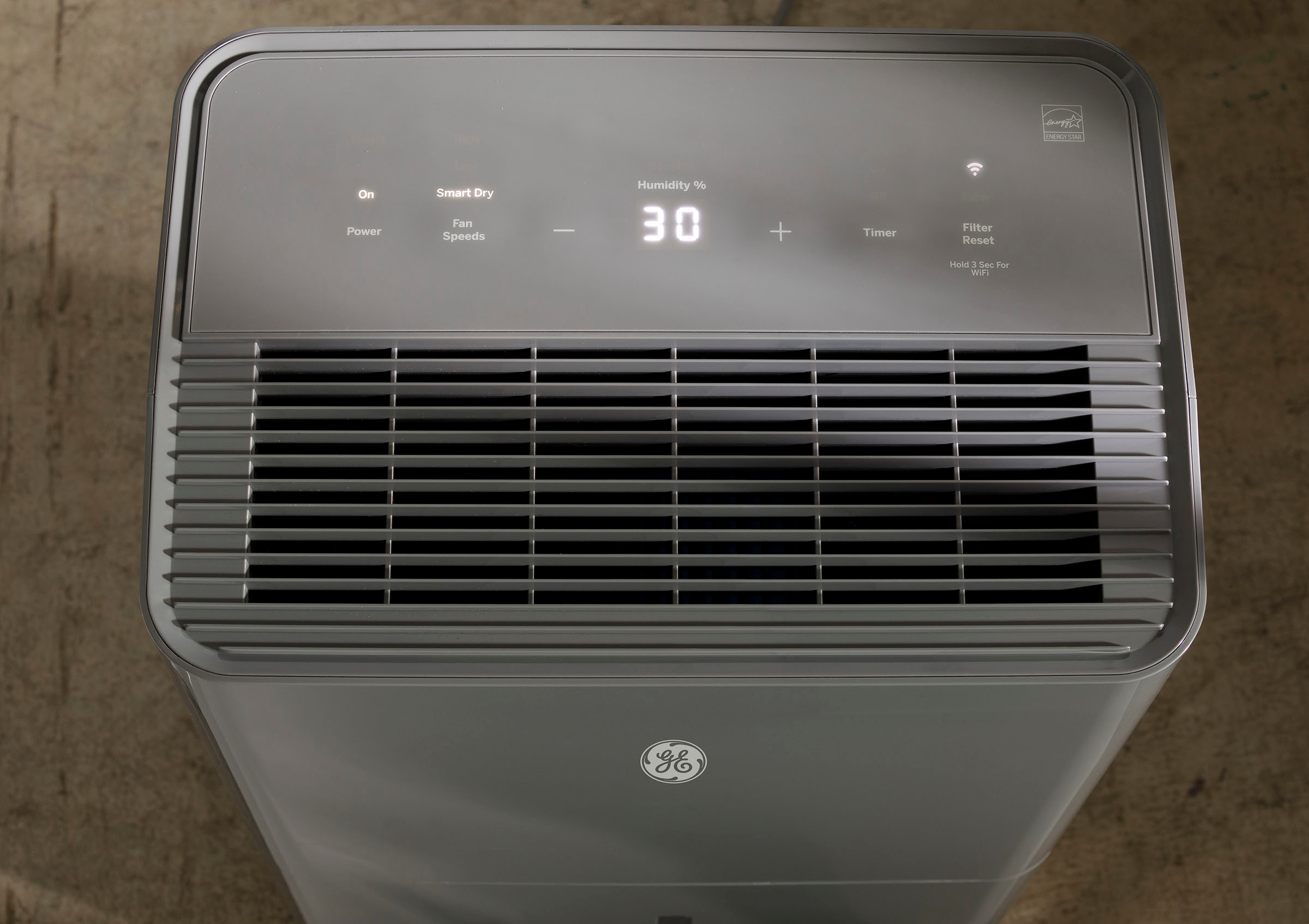 Angle View: GE - 50-Pint Energy Star Portable Dehumidifier with Smart Dry for Wet Spaces - Grey