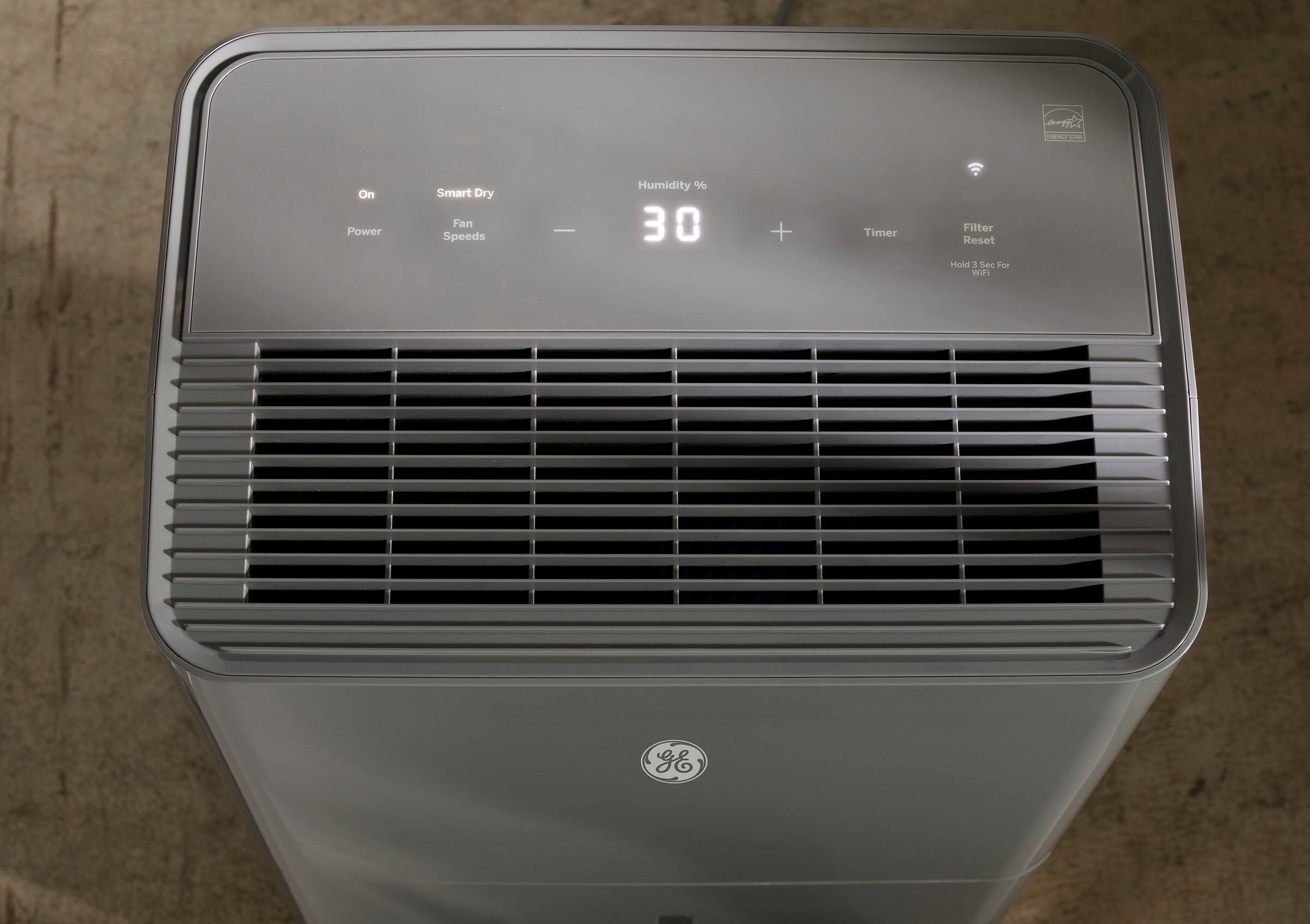 Angle. GE - 50-Pint Energy Star Portable Dehumidifier with Smart Dry - Grey.