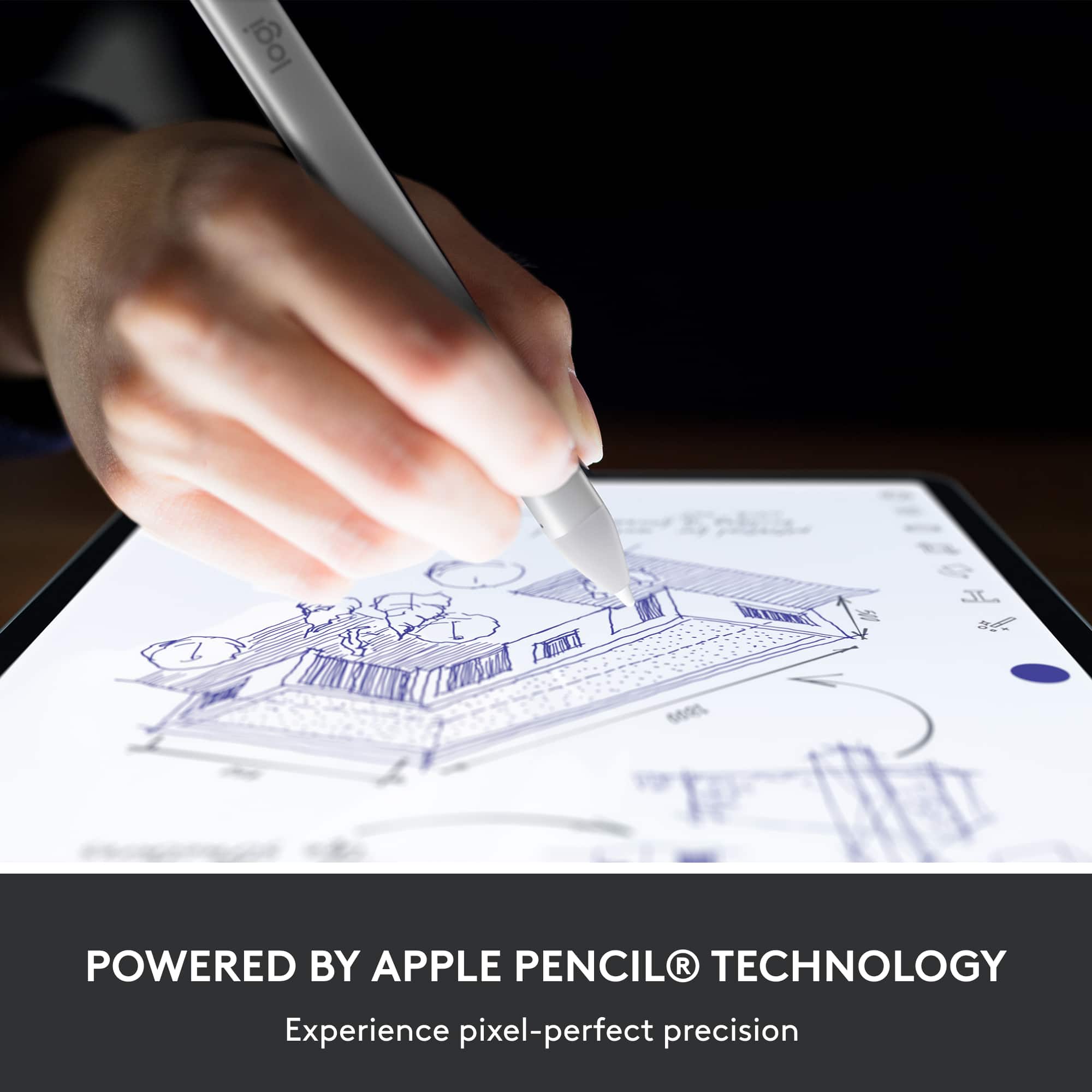 The text on the image reads: "Powered by Apple Pencil Technology. Experience pixel-perfect precision."