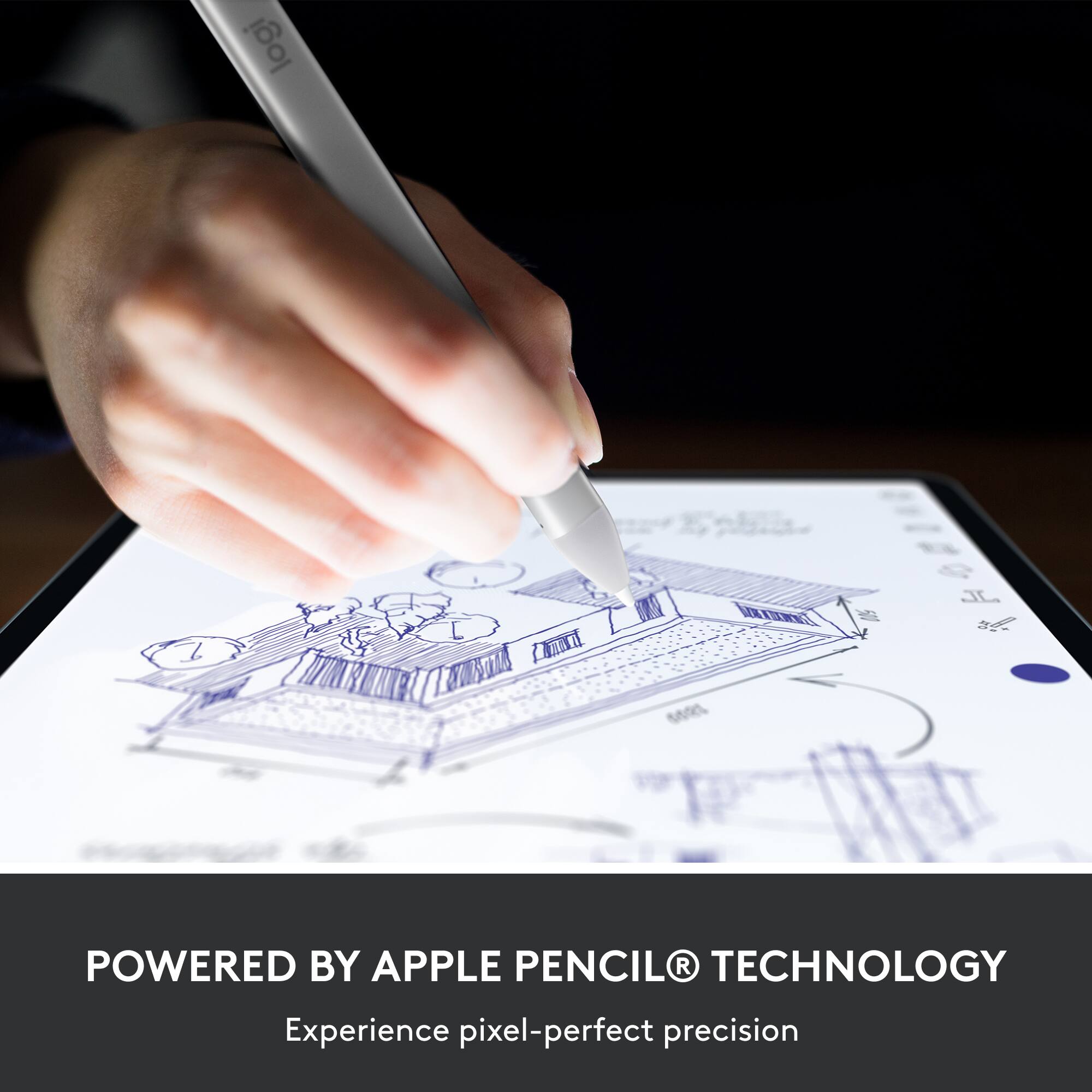 The text on the image reads: "Powered by Apple Pencil Technology. Experience pixel-perfect precision."