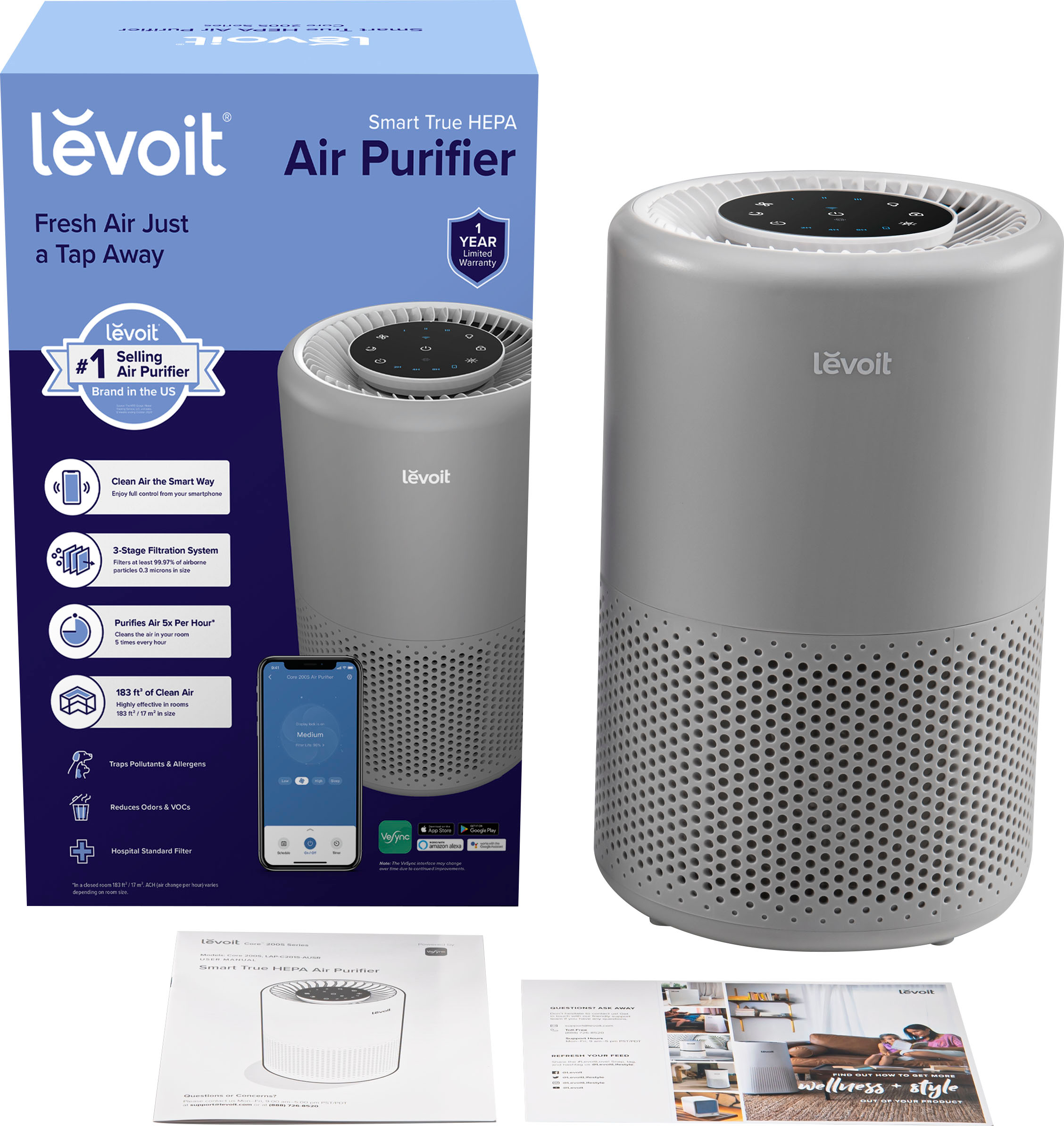Levoit+Core+200S+Smart+True+HEPA+Air+Purifier+-+Gray for sale online