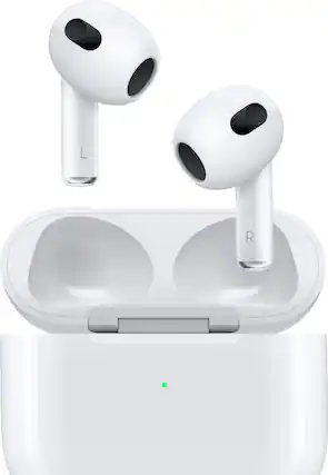 Front. Apple - Geek Squad Certified Refurbished AirPods (3rd generation) with Lightning Charging Case - White.