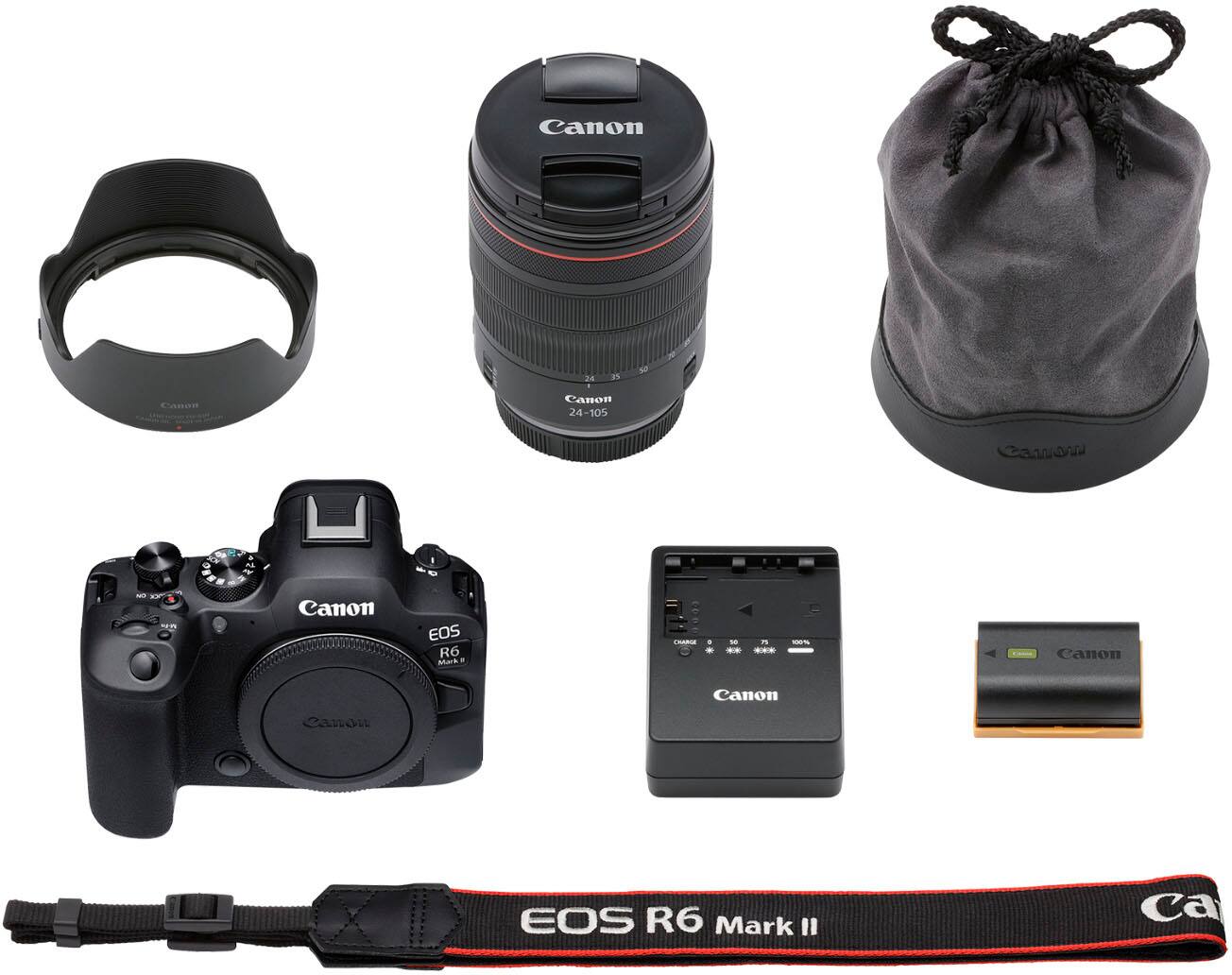 Top. Canon - EOS R6 Mark II Mirrorless Camera with RF 24-105mm f/4L IS USM Lens - Black.