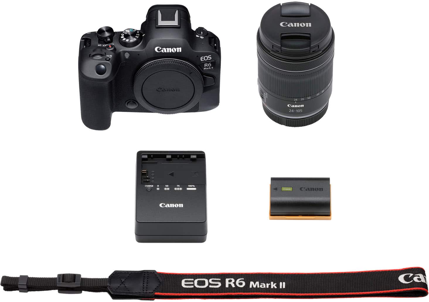 Top. Canon - EOS R6 Mark II Mirrorless Camera with RF 24-105mm f/4-7.1 IS STM Lens - Black.