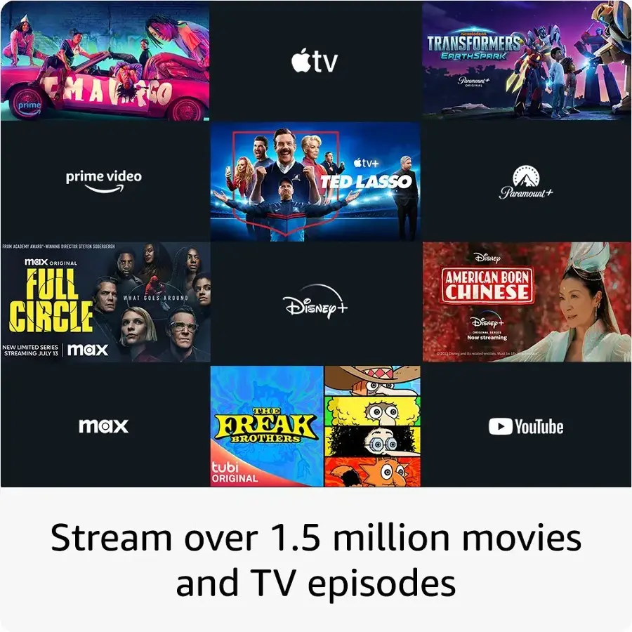 Grouped and corrected text:

Stream over 1.5 million movies and TV episodes on various platforms such as Apple TV, Prime Video, Paramount+, Disney+, and YouTube. These platforms offer a wide range of content, including popular TV shows like Ted Lasso, Full Circle, and American Born Chinese, as well as movies like Transformers: Earthspark and The Freak Brothers. Additionally, there are limited series available on platforms like Disney+ and YouTube.