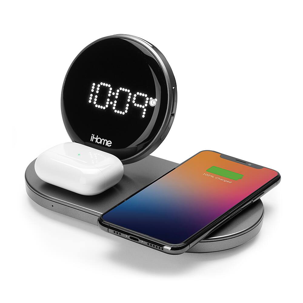 Alt View 13. iHome - Dual Qi Wireless Fast Charging, Airpod Charging, Apple Watch Charging, and USB Charging Alarm Clock - Multi.