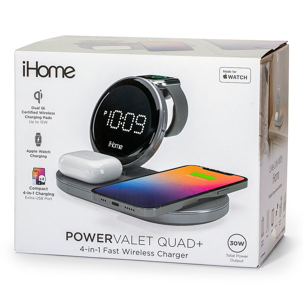 Alt View 14. iHome - Dual Qi Wireless Fast Charging, Airpod Charging, Apple Watch Charging, and USB Charging Alarm Clock - Multi.