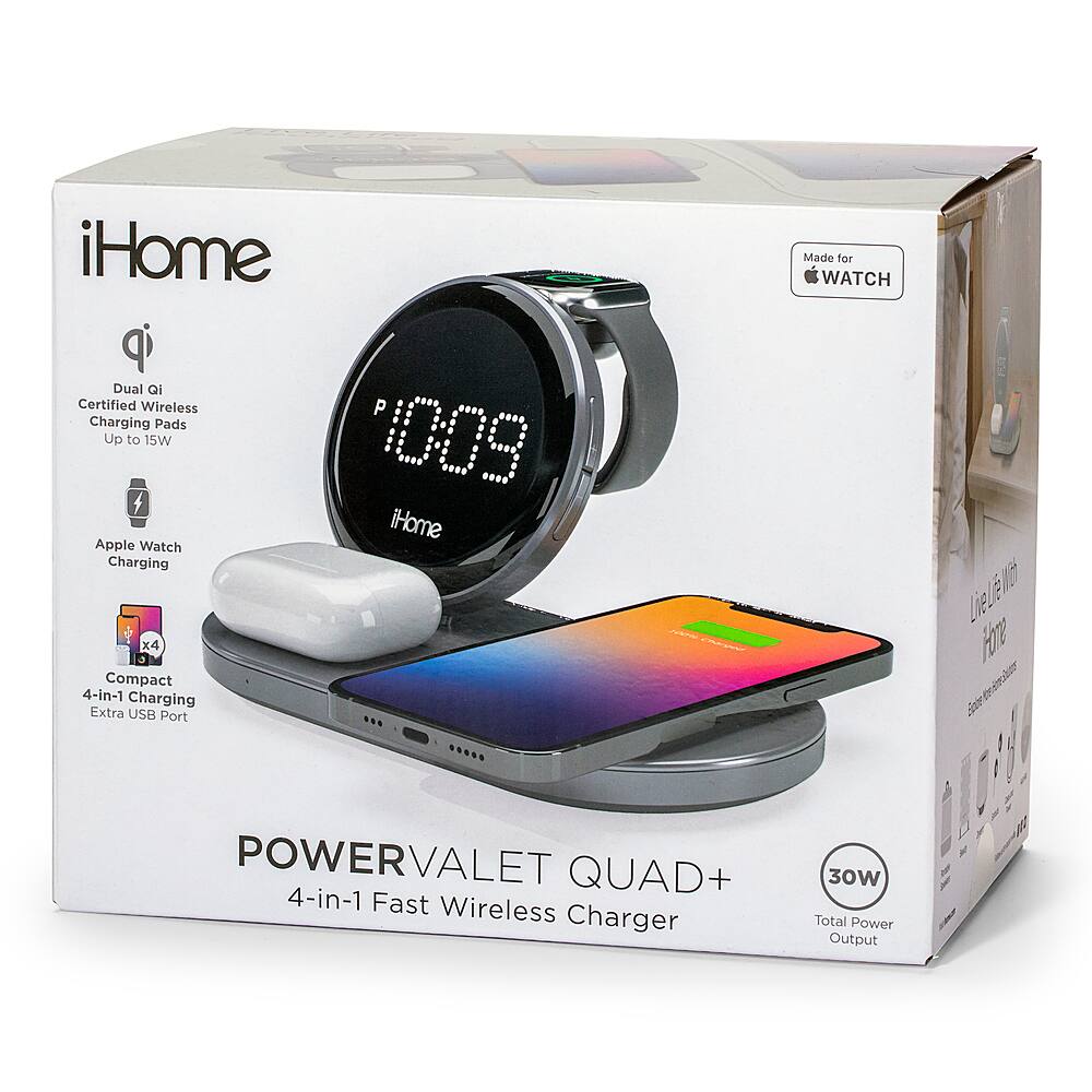 Alt View 14. iHome - Dual Qi Wireless Fast Charging, Airpod Charging, Apple Watch Charging, and USB Charging Alarm Clock - Multi.