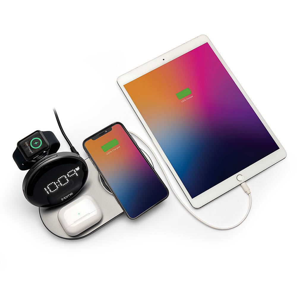 Alt View 16. iHome - Dual Qi Wireless Fast Charging, Airpod Charging, Apple Watch Charging, and USB Charging Alarm Clock - Multi.