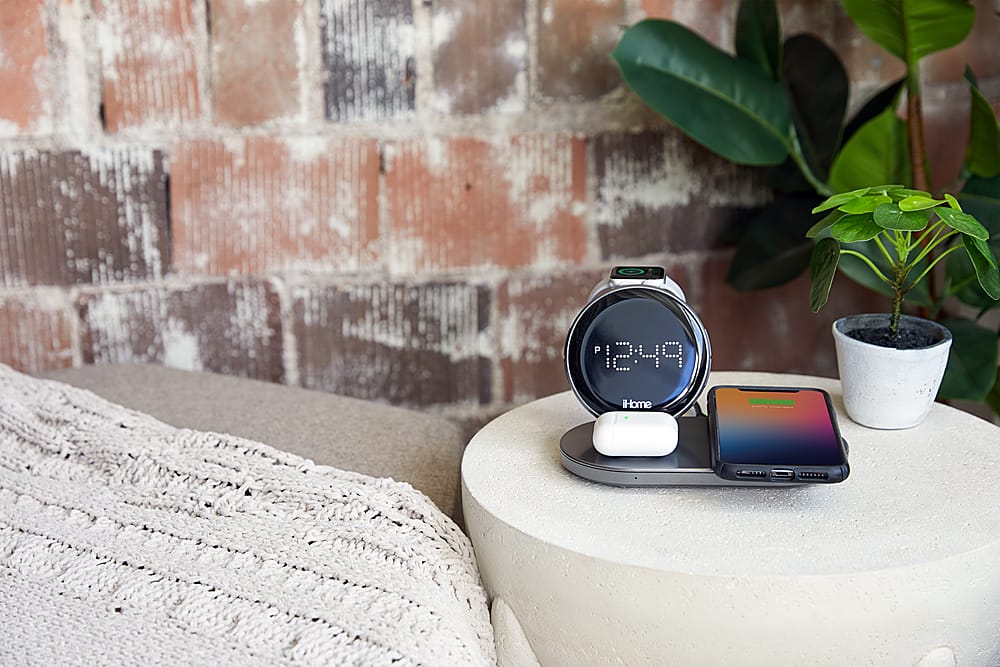 Alt View 21. iHome - Dual Qi Wireless Fast Charging, Airpod Charging, Apple Watch Charging, and USB Charging Alarm Clock - Multi.