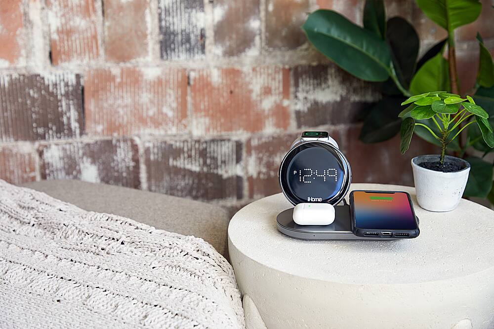 Alt View 21. iHome - Dual Qi Wireless Fast Charging, Airpod Charging, Apple Watch Charging, and USB Charging Alarm Clock - Multi.
