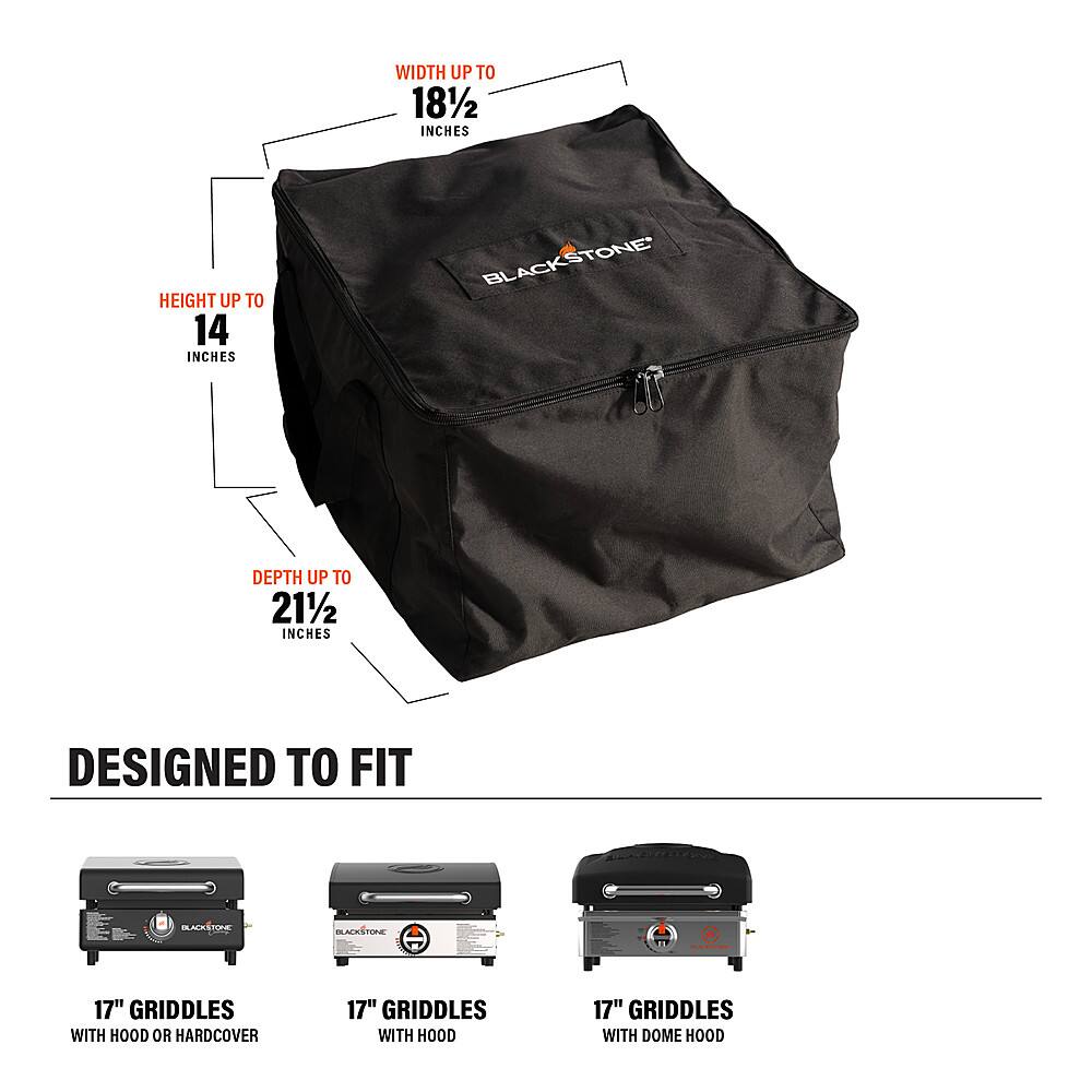 The image features a black bag with a logo and dimensions listed on it. The bag is designed to fit a Blackstone griddle, and it comes in various sizes, including 17" griddles with a hood or hardcover, 17" griddles with a dome hood, and 17" griddles with a hood or hardcover. The bag is designed to provide protection and convenience for the griddle, making it a practical choice for outdoor cooking enthusiasts.