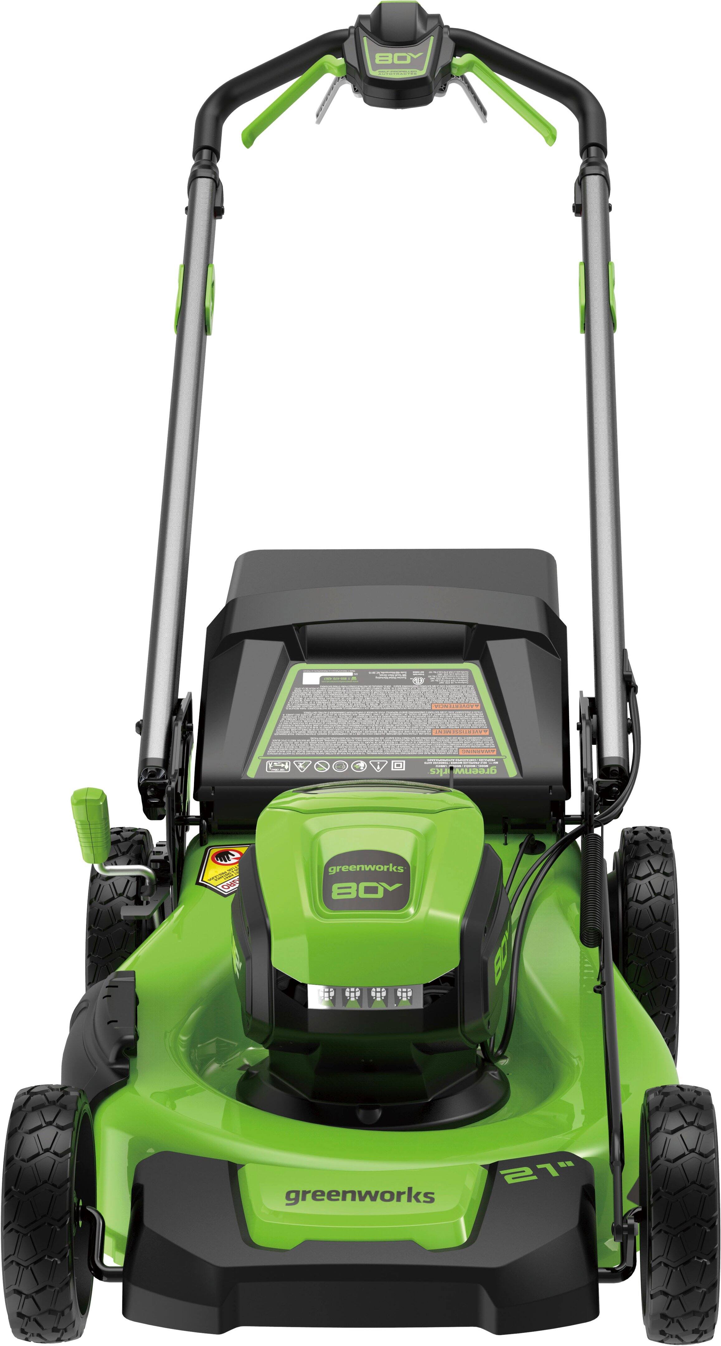 Left. Greenworks - 80 Volt 21-Inch Self-Propelled Lawn Mower (1 x 4.0Ah Battery and 1 x Charger) - Green.