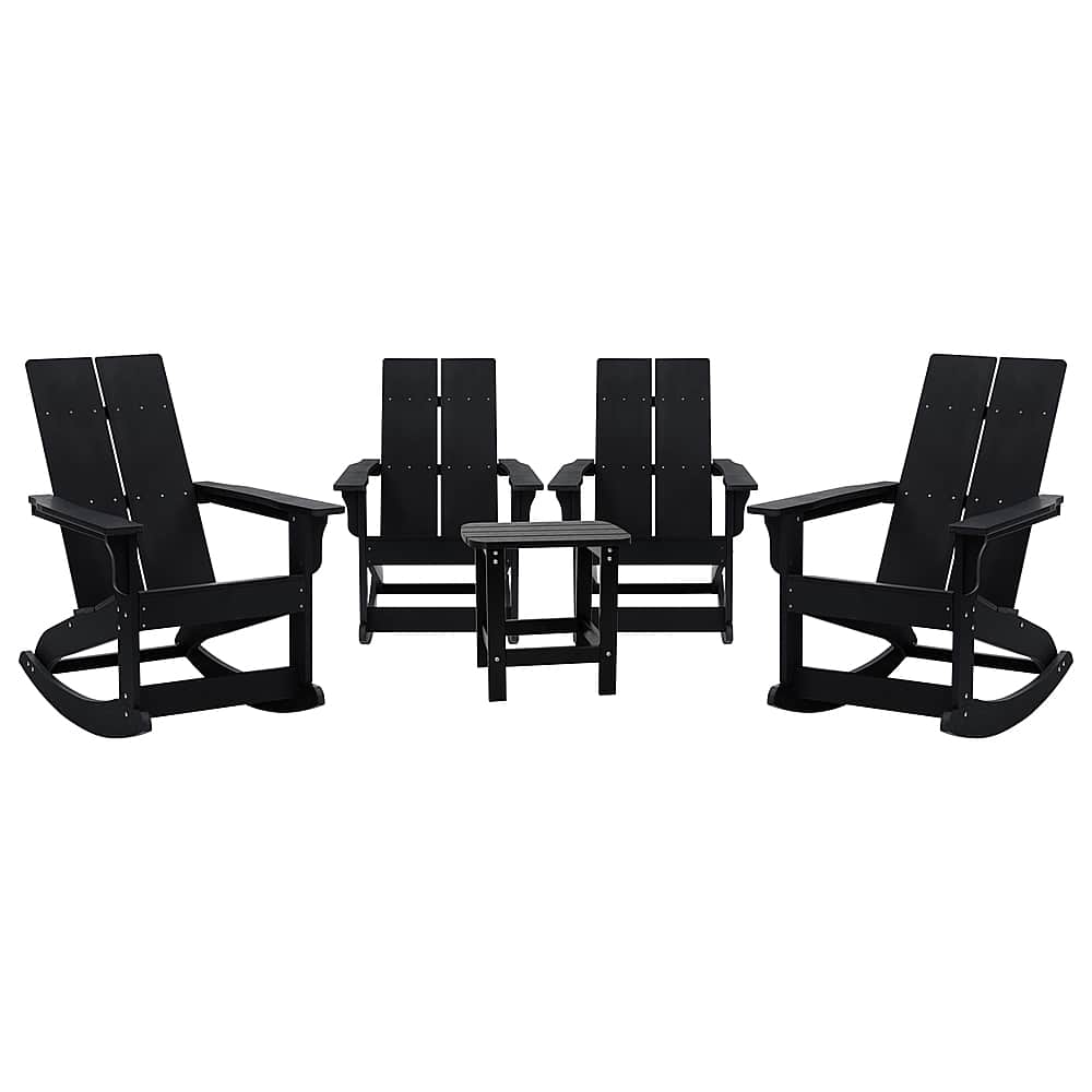Alamont Home - Finn 4 Modern Dual Slat Poly Resin Adirondack Rocking Chairs with 1 Side Table - Black - Front_Zoom