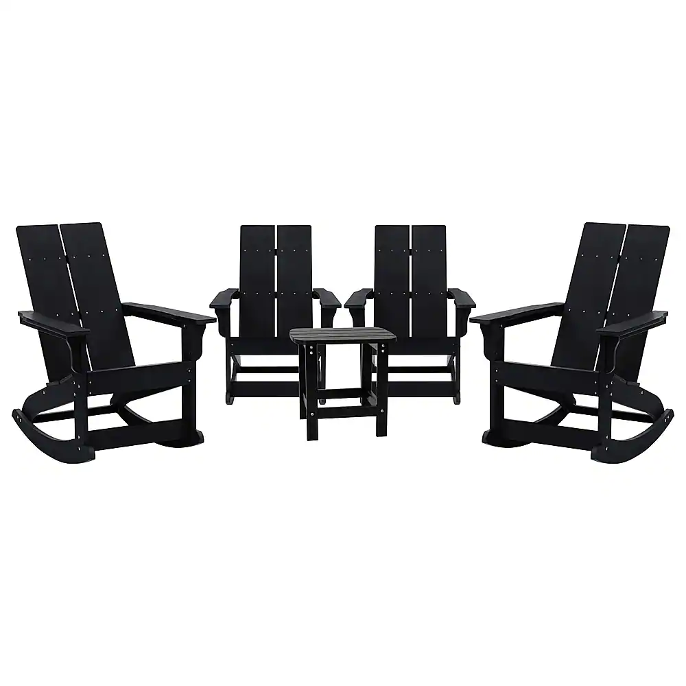Alamont Home - Finn 4 Modern Dual Slat Poly Resin Adirondack Rocking Chairs with 1 Side Table - Black