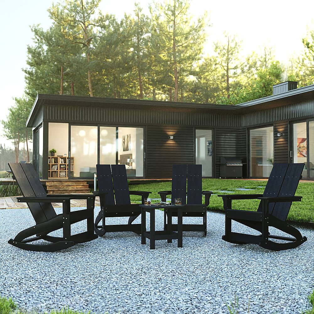 Alt View 12. Alamont Home - Finn 4 Black Modern Dual Slat Poly Resin Adirondack Rocking Chairs with 1 Side Table - Black.