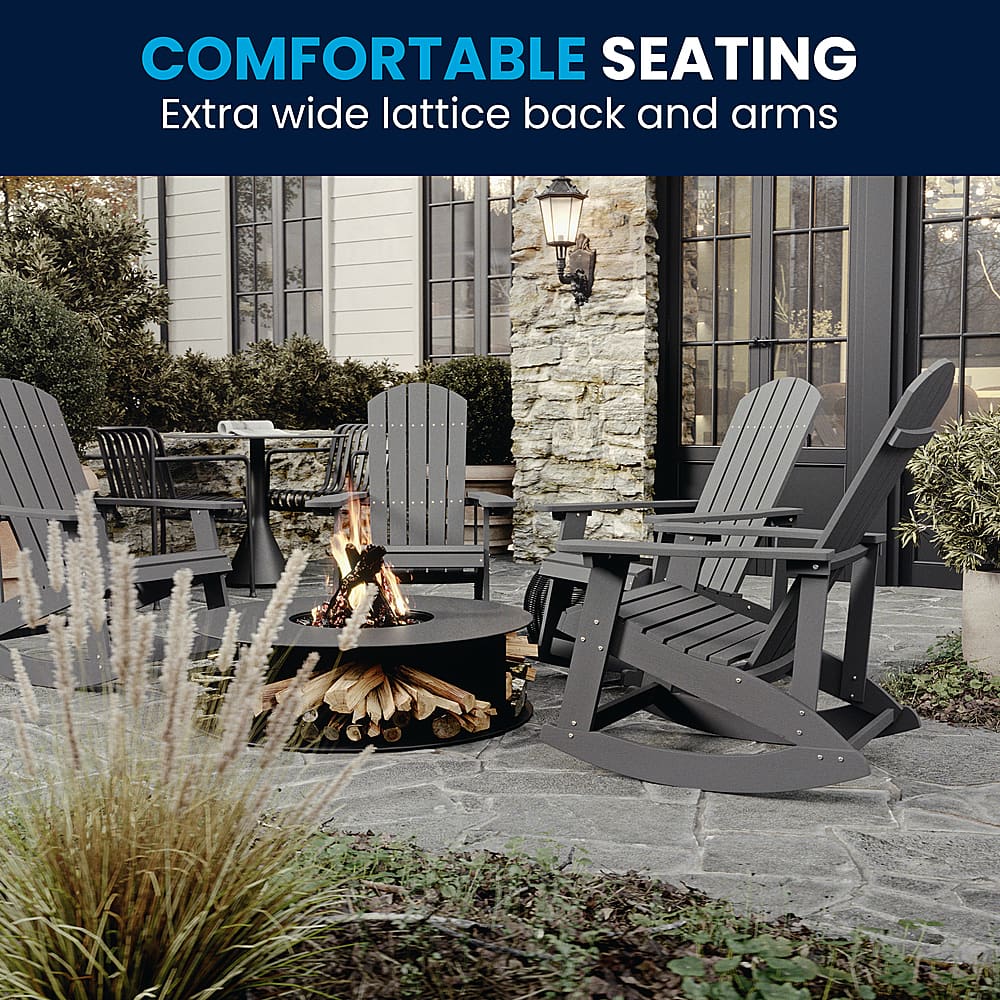 The image showcases a comfortable outdoor seating arrangement with a fire pit in the center. There are four chairs surrounding the fire pit, each with an extra wide lattice back and arms, providing a cozy and inviting atmosphere. The chairs are placed on a stone patio, which adds to the overall ambiance of the scene. The arrangement is perfect for relaxing and enjoying the warmth of the fire pit while socializing with friends and family.