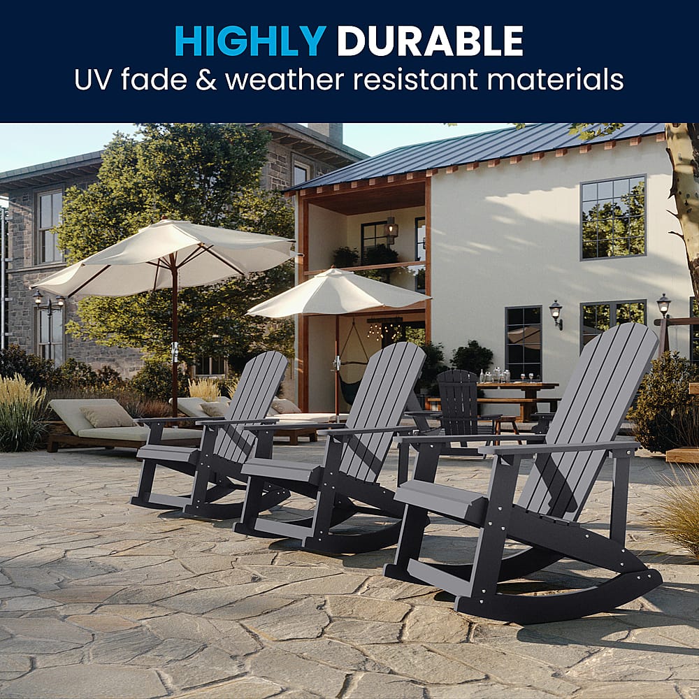 The image features a patio setting with a group of four black lawn chairs arranged around a dining table. The chairs are positioned in a way that they face each other, creating a comfortable and inviting atmosphere. The table is accompanied by a few potted plants, adding a touch of greenery to the scene. The overall setting appears to be a cozy outdoor space, perfect for relaxation and socializing.