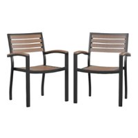 Flash Furniture - Lark Set of 2 Stackable All-Weather Black Aluminum Patio Chairs with Faux Slats - Teak - Front_Zoom