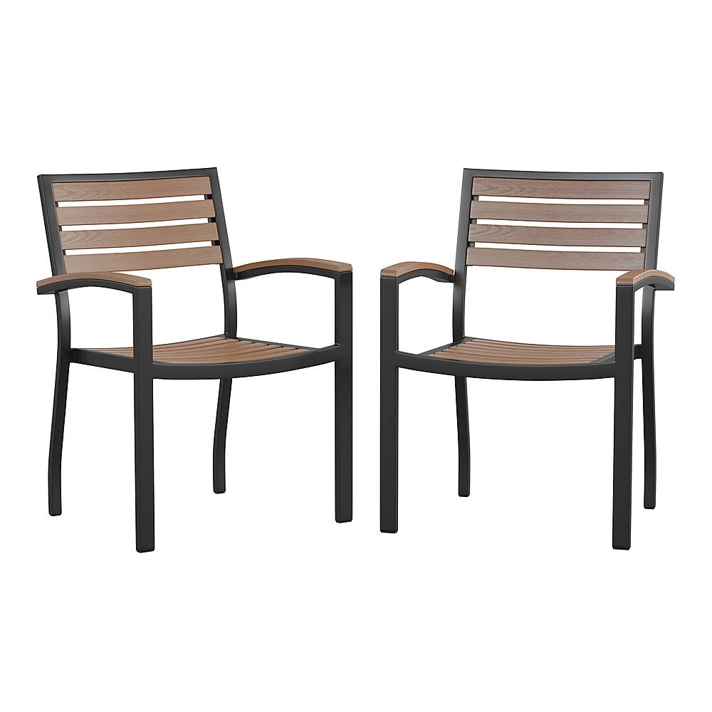 Alamont Home - Lark Set of 2 Stackable All-Weather Black Aluminum Patio Chairs with Faux Slats - Teak