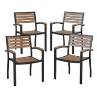 Flash Furniture - Lark Set of 4 Stackable All-Weather Black Aluminum Patio Chairs with Faux Slats - Teak - Front_Zoom