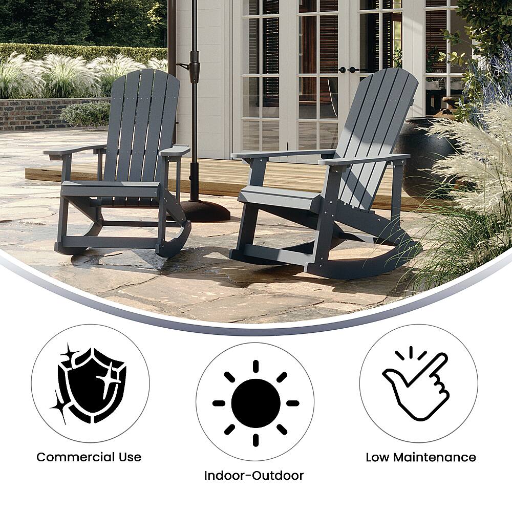 The image features two blue lawn chairs placed outside a house, with one chair positioned closer to the left side of the image and the other chair towards the right. The chairs are placed on a patio, and there are potted plants nearby, adding to the outdoor ambiance. The chairs are made of wood and have a comfortable and inviting appearance. The image suggests that these chairs are suitable for commercial use, as well as indoor-outdoor settings, and require low maintenance, making them an ideal choice for outdoor seating in various environments.