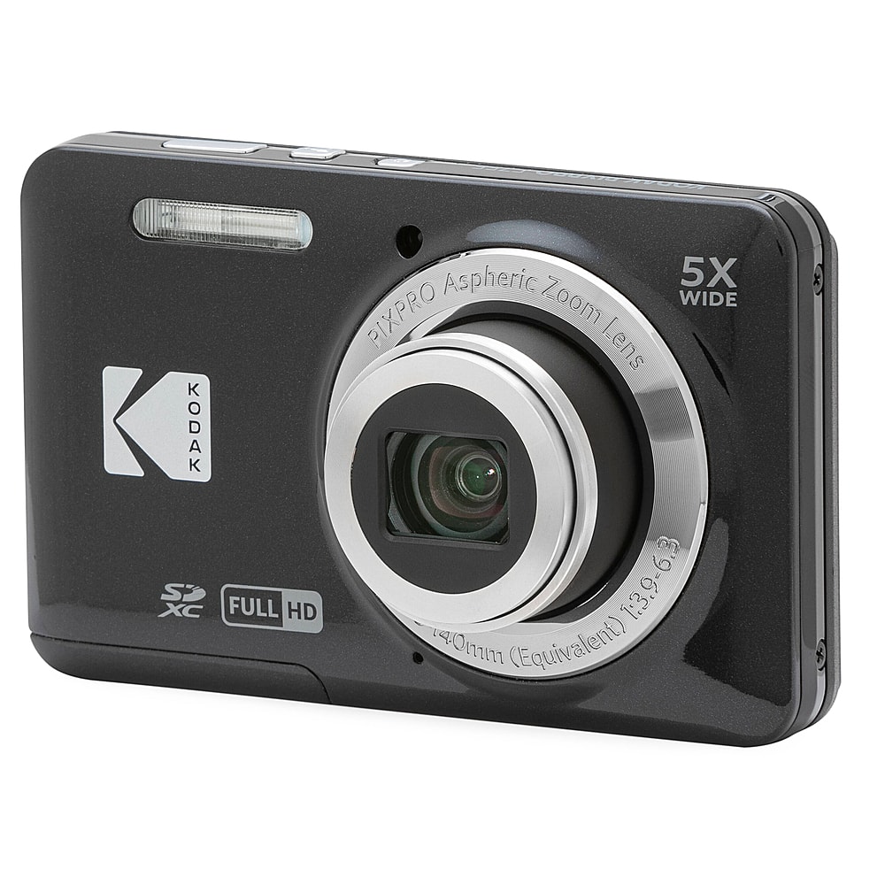 The image features a Kodak Pixpro camera with a Full HD Aspheric 5X Zoom WIDE lens. The lens has a 1:3.9-63 40mm equivalent focal length. The camera is black and silver in color, and it appears to be a compact digital camera with a large lens.
