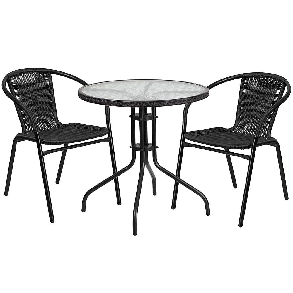 Front. Alamont Home - Lila Outdoor Round Contemporary Metal 3 Piece Patio Set - Clear Top/Black Rattan.