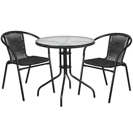 Alamont Home - Lila Outdoor Round Contemporary Metal 3 Piece Patio Set - Clear Top/Black Rattan