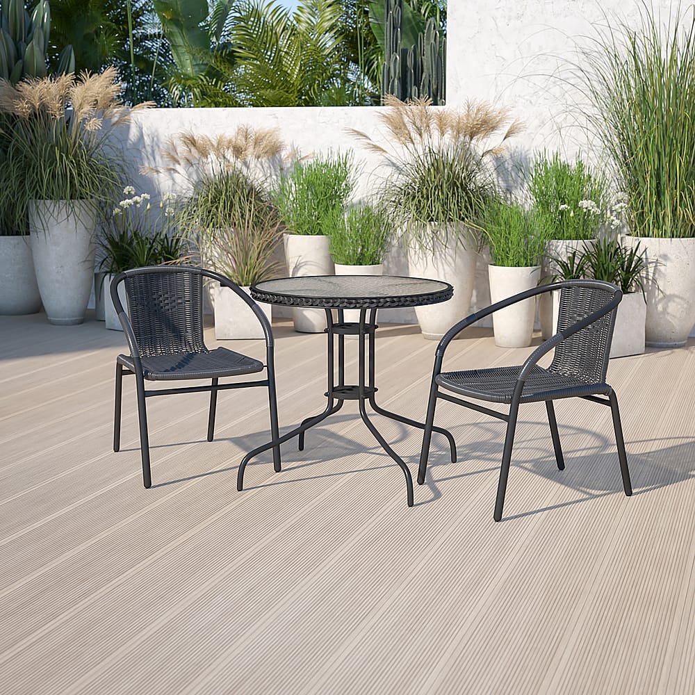 Alt View 11. Alamont Home - Lila Outdoor Round Contemporary Metal 3 Piece Patio Set - Clear Top/Black Rattan.