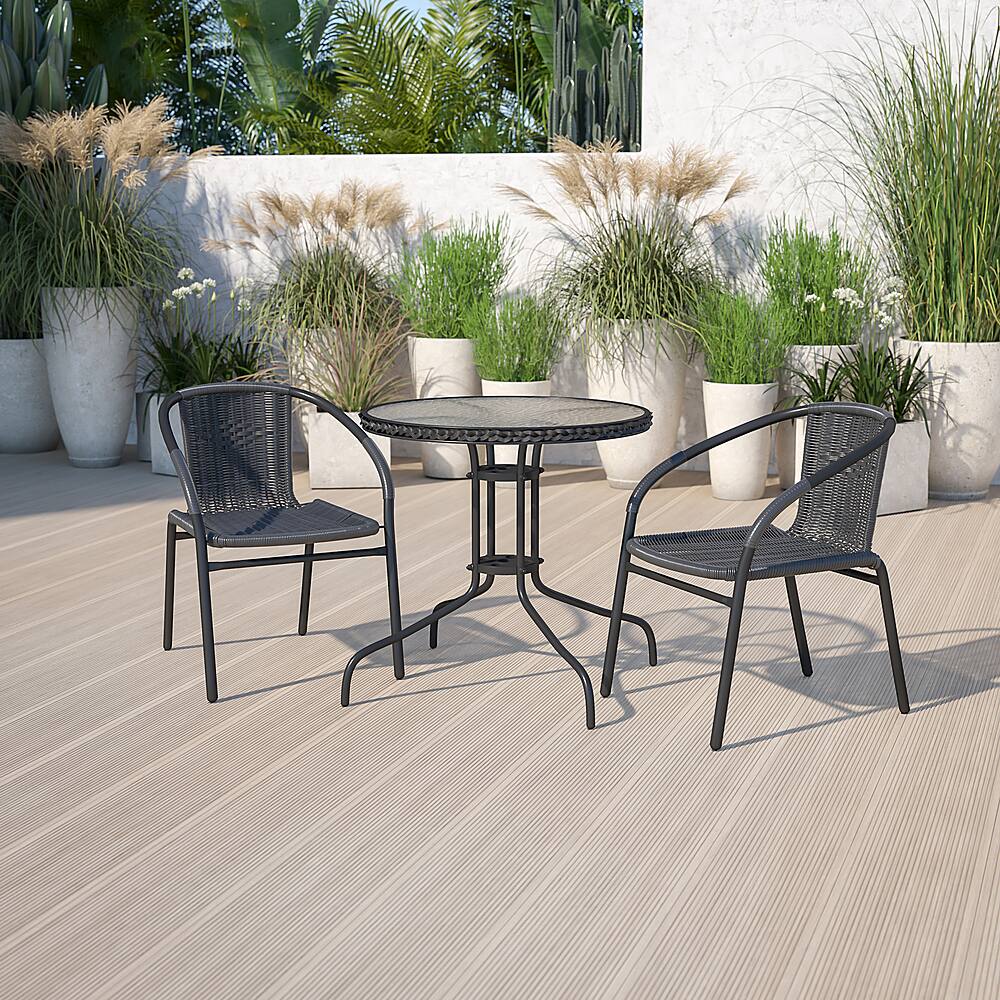 Alt View 11. Alamont Home - Lila Outdoor Round Contemporary Metal 3 Piece Patio Set - Clear Top/Black Rattan.