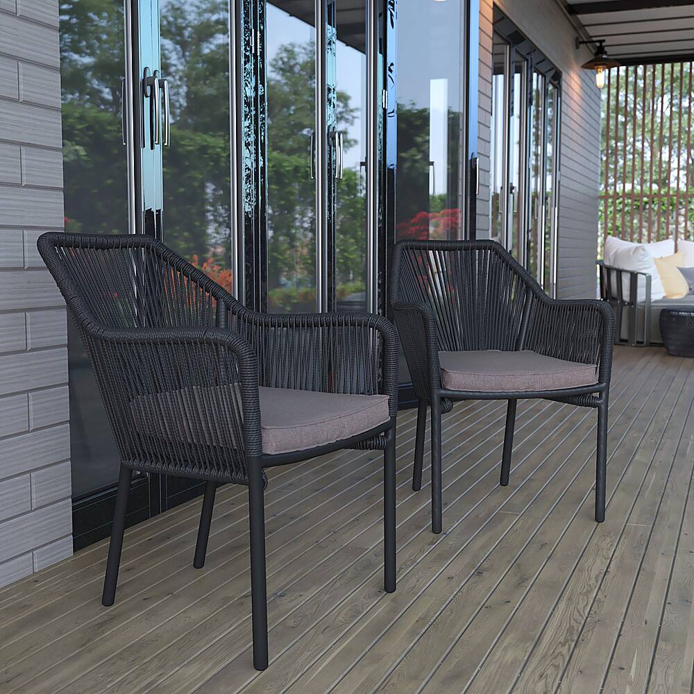 Alt View 12. Alamont Home - Kallie Woven Indoor/Outdoor Stacking Club Chairs in Black - Gray Cushions-Set of 2 - Black/Gray.