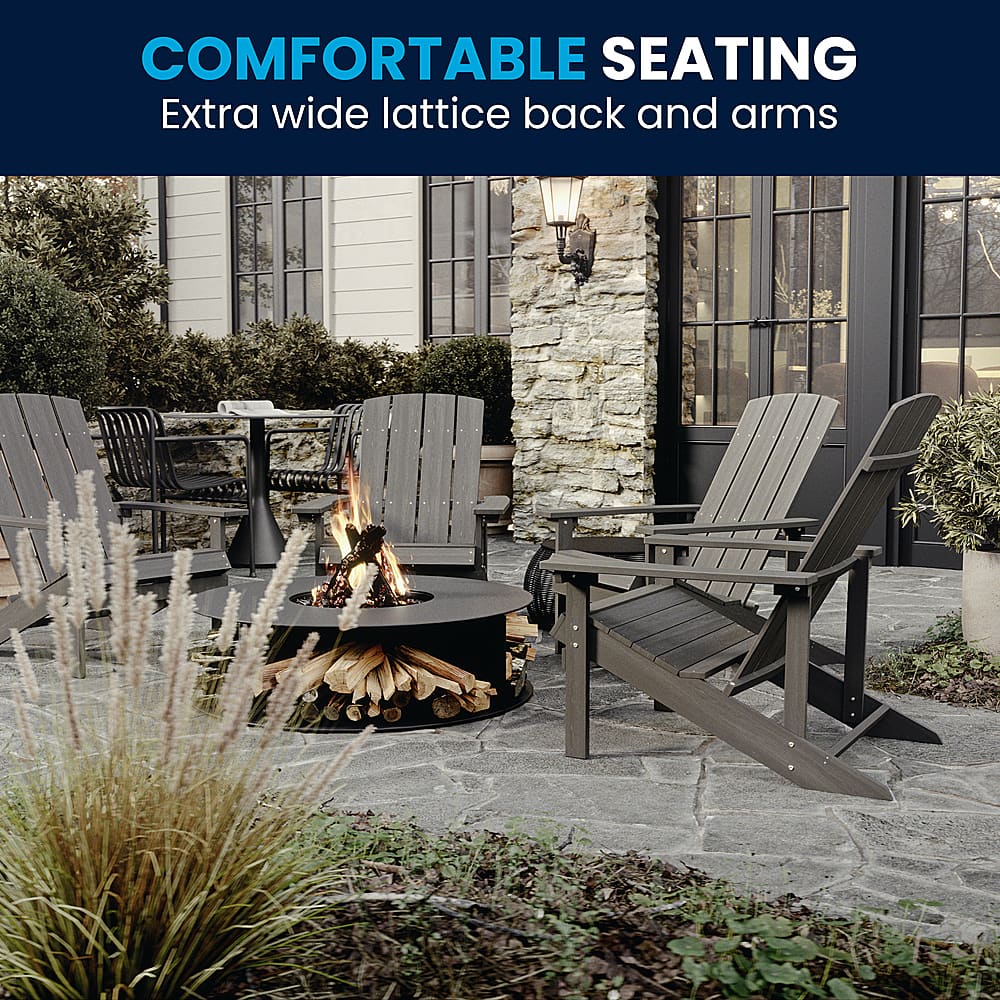 The image showcases a cozy outdoor setting with a fire pit surrounded by comfortable seating. The seating includes a large chair and a bench, both featuring extra wide lattice back and arms for added support and comfort. The arrangement creates an inviting atmosphere for relaxation and socializing, making it an ideal spot for spending time outdoors.