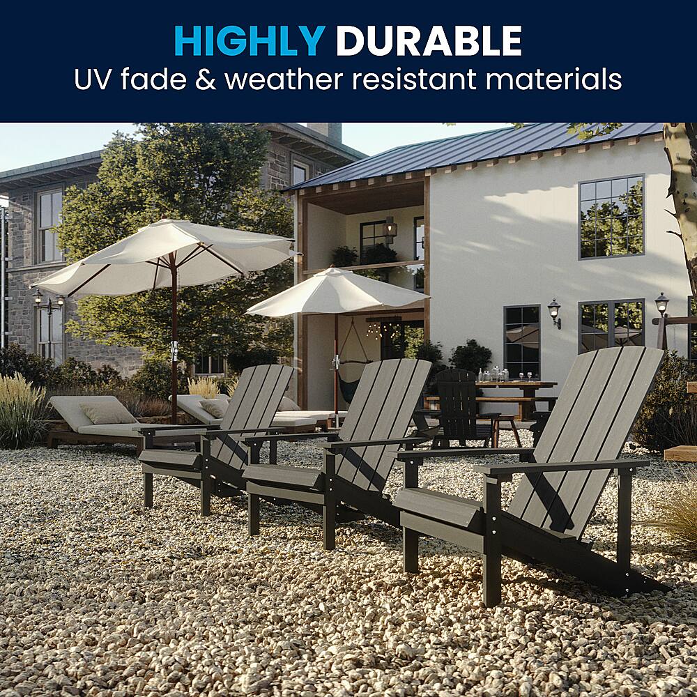 The image features a backyard setting with a patio furniture arrangement that includes four chairs and two umbrellas. The chairs are placed on a gravel area, and the umbrellas are positioned above them, providing shade. The scene is set in front of a house, creating a cozy outdoor space. The text "Highly Durable UV fade & weather resistant materials" is displayed in the upper left corner of the image, emphasizing the durability and resistance to weather elements of the furniture and umbrellas.