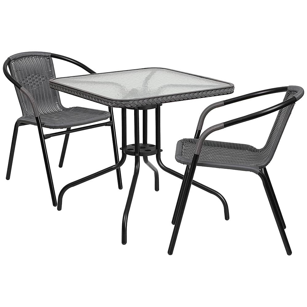 Front. Alamont Home - Lila Outdoor Square Contemporary Metal 3 Piece Patio Set - Clear Top/Gray Rattan.