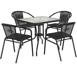 Alamont Home - Lila Outdoor Square Contemporary Metal 5 Piece Patio Set - Clear Top/Black Rattan