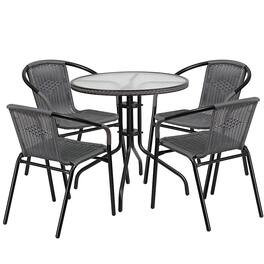 Alamont Home - Lila Outdoor Round Contemporary Metal 5 Piece Patio Set - Clear Top/Gray Rattan