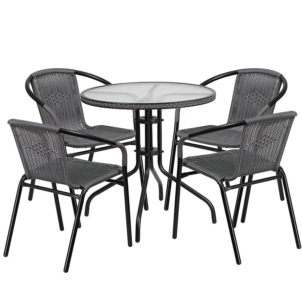 Front. Alamont Home - Lila Outdoor Round Contemporary Metal 5 Piece Patio Set - Clear Top/Gray Rattan.