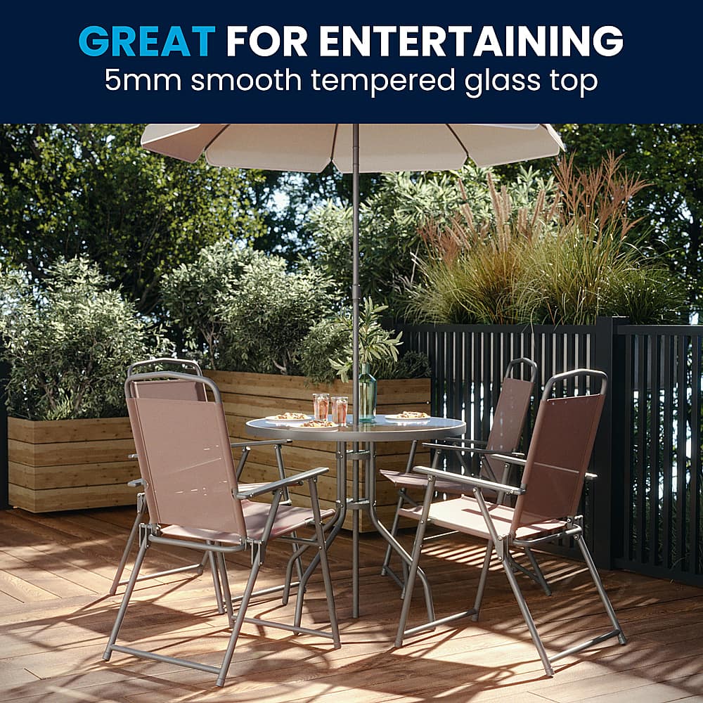 The image features a dining table with four chairs placed around it. The table has a 5mm smooth tempered glass top, which is great for entertaining guests. The chairs are arranged in a way that allows for easy conversation and interaction among the people seated. The table and chairs are positioned under an umbrella, providing shade and protection from the elements, making it an ideal outdoor setting for a meal or gathering.