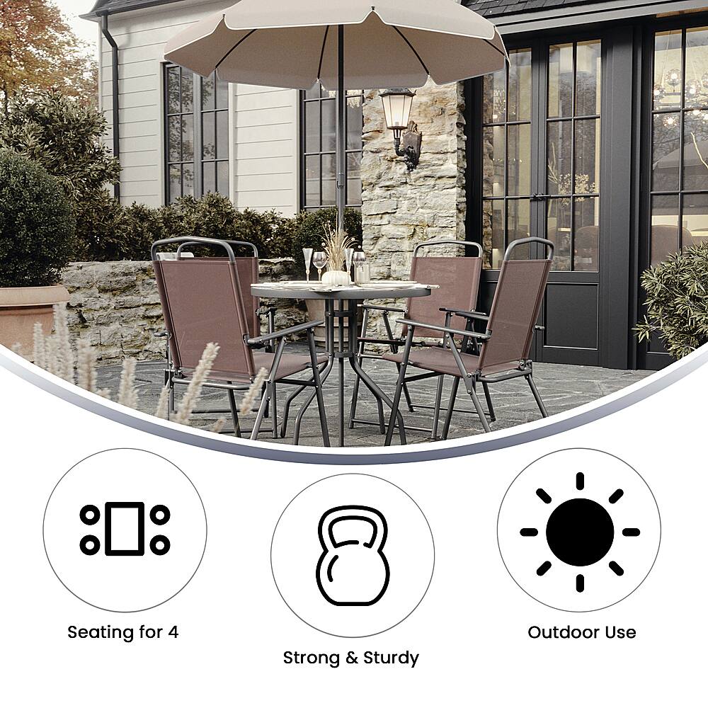 The image features a patio set with a dining table and four chairs. The table is surrounded by chairs, and there is an umbrella above the table, providing shade. The patio set is designed for outdoor use, making it suitable for a backyard or garden setting. The chairs are arranged around the table, creating a comfortable and inviting atmosphere for dining or socializing.