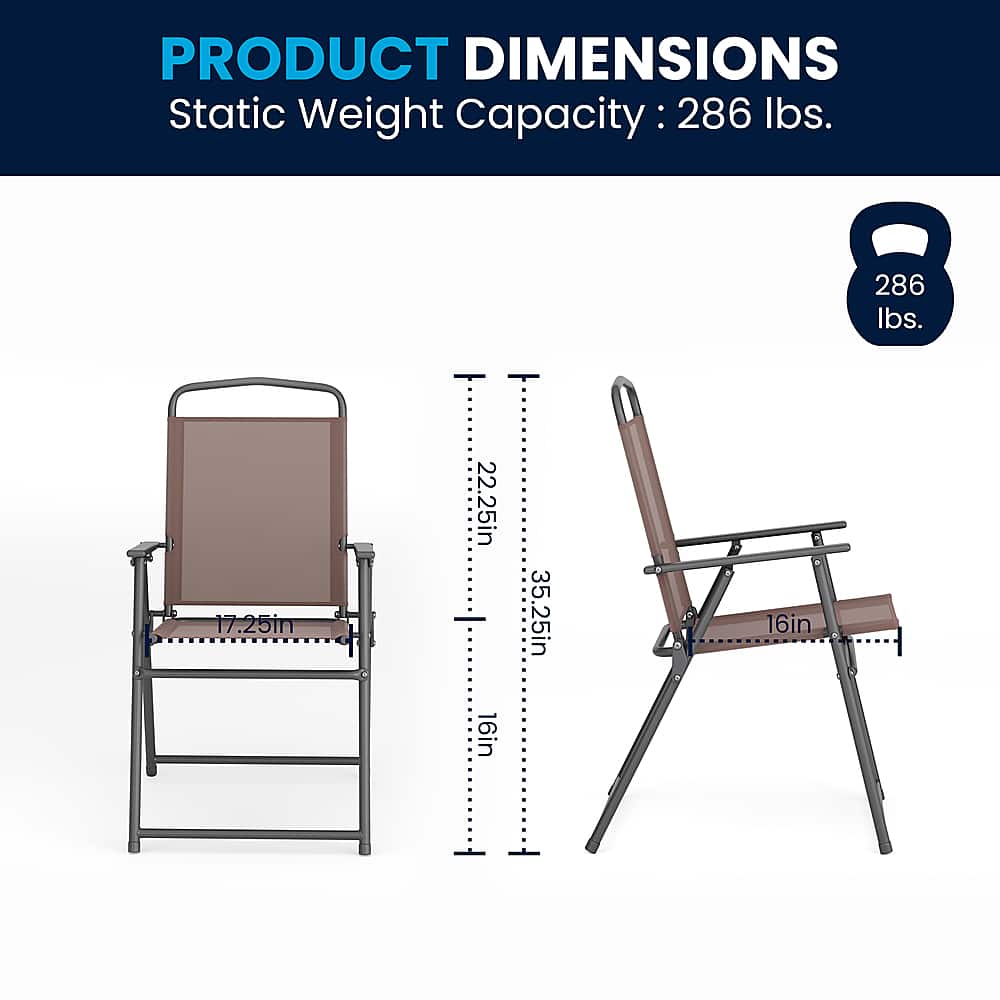 The image features a chair and a bench, both with a static weight capacity of 286 lbs. The chair is 17.25 inches tall, 22.25 inches wide, and 35.25 inches long. The bench is 16 inches tall, 16 inches wide, and 35.25 inches long.